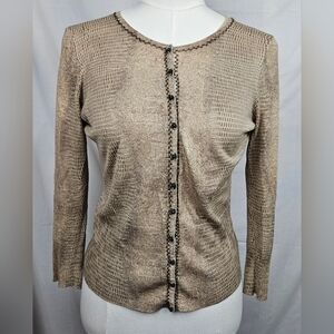 T Tahari Silk Blend Brown Snake Skin Cardigan NS Button Feminine‎ Quiet Luxury
